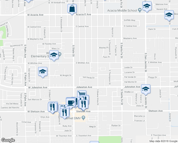 map of restaurants, bars, coffee shops, grocery stores, and more near 785 South Juanita Street in Hemet