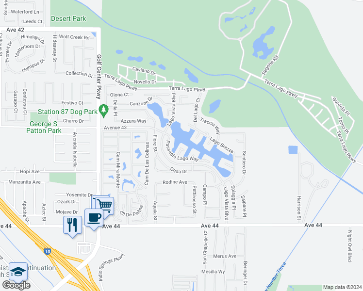 map of restaurants, bars, coffee shops, grocery stores, and more near 43183 Bacino Court in Indio