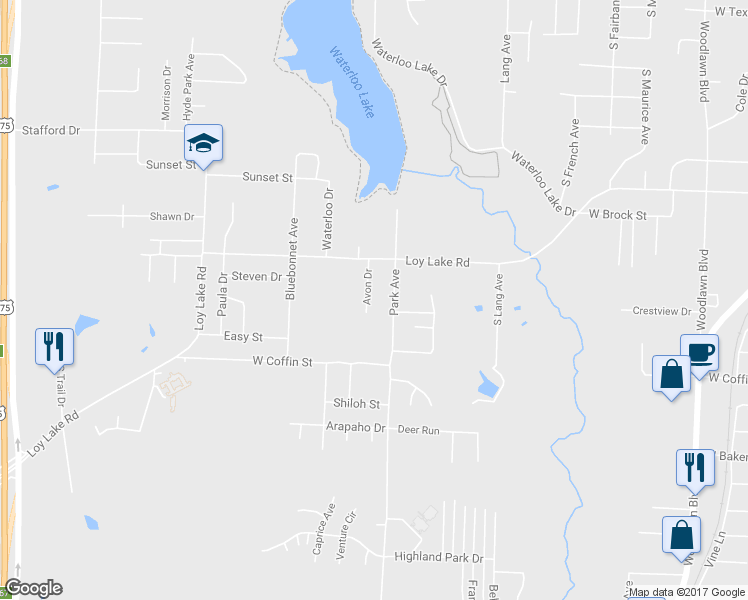 map of restaurants, bars, coffee shops, grocery stores, and more near 2047 Avon Drive in Denison