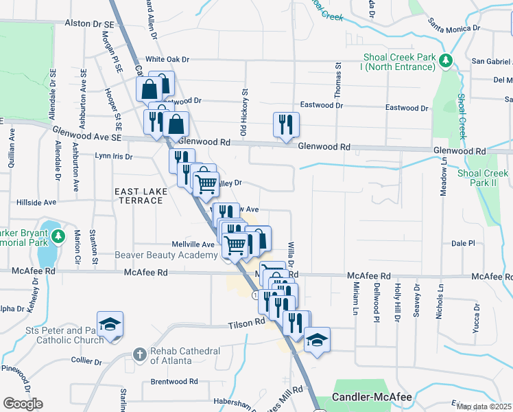 map of restaurants, bars, coffee shops, grocery stores, and more near 2628 Northview Avenue in Decatur