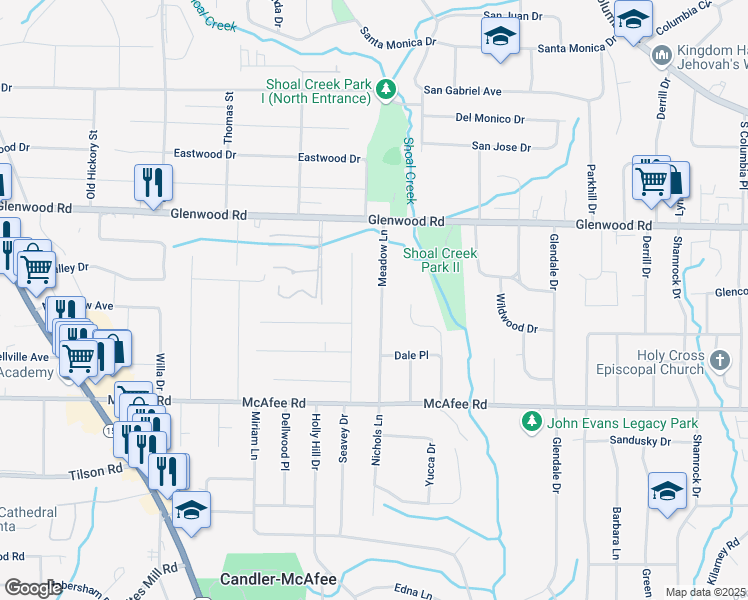 map of restaurants, bars, coffee shops, grocery stores, and more near 1903 Meadow Lane in Decatur