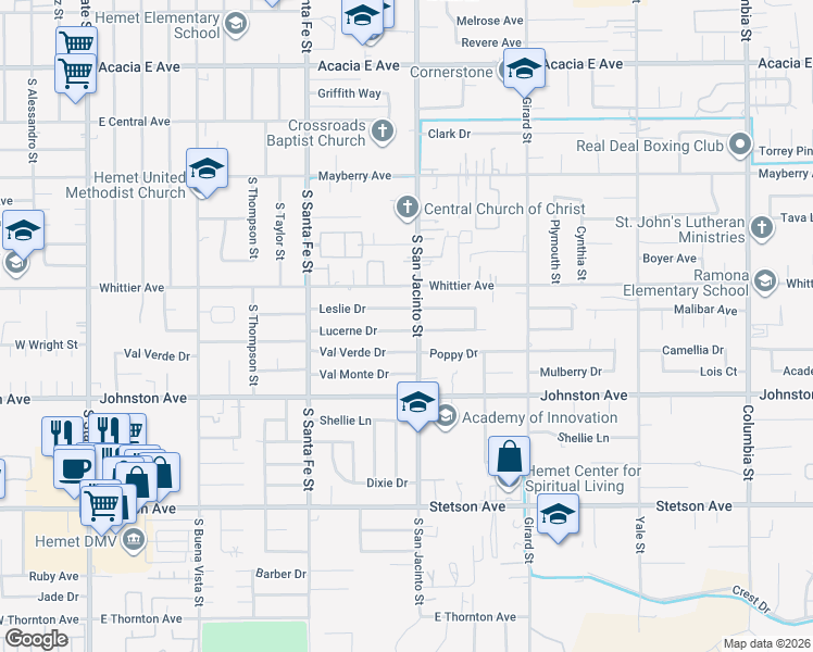 map of restaurants, bars, coffee shops, grocery stores, and more near 1253 Lucerne Drive in Hemet