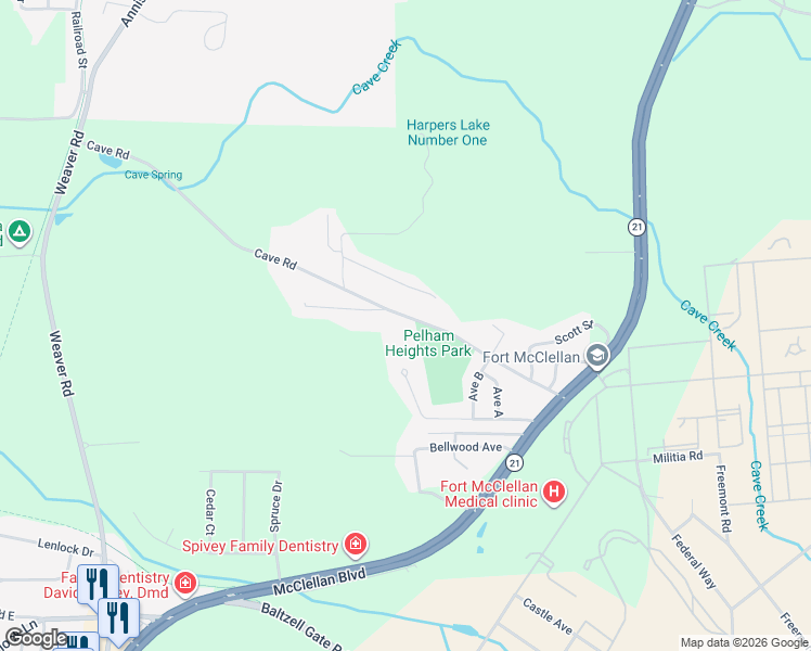 map of restaurants, bars, coffee shops, grocery stores, and more near 383 Cave Road in Anniston