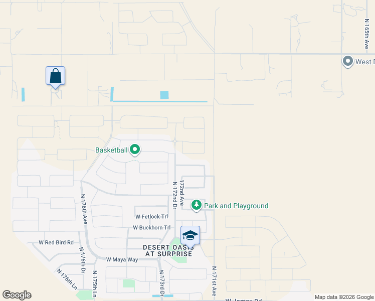 map of restaurants, bars, coffee shops, grocery stores, and more near 17202 West Gambit Trail in Surprise