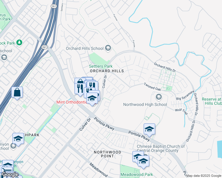 map of restaurants, bars, coffee shops, grocery stores, and more near 57 Bronco in Irvine