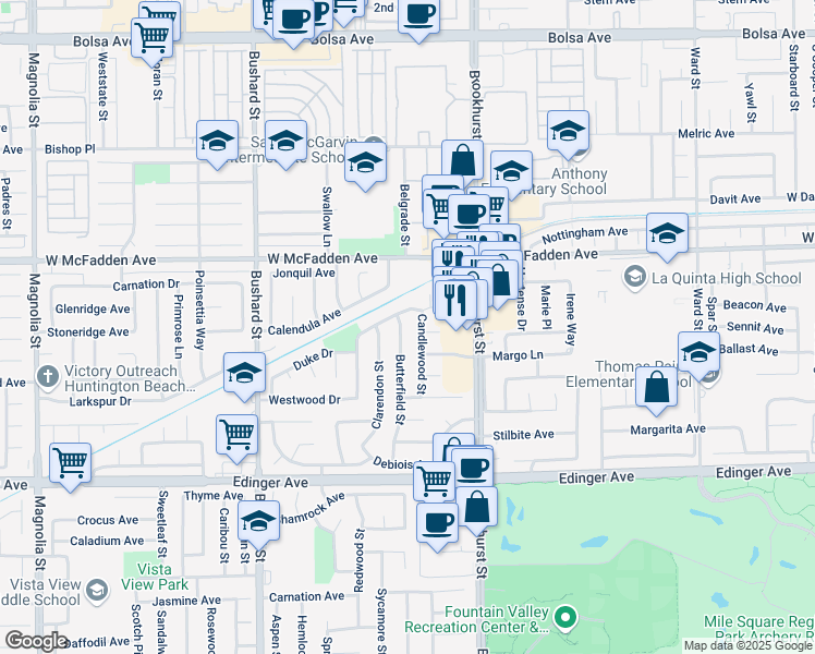 map of restaurants, bars, coffee shops, grocery stores, and more near 15662 Butterfield Street in Westminster