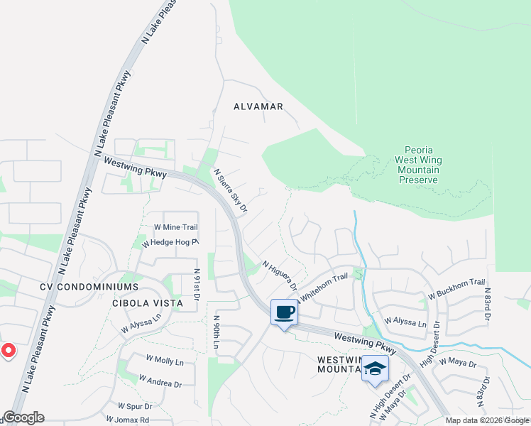 map of restaurants, bars, coffee shops, grocery stores, and more near 27685 North Higuera Drive in Peoria