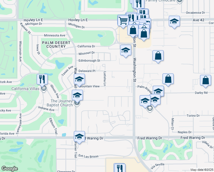 map of restaurants, bars, coffee shops, grocery stores, and more near 77733 Mountain View in Palm Desert
