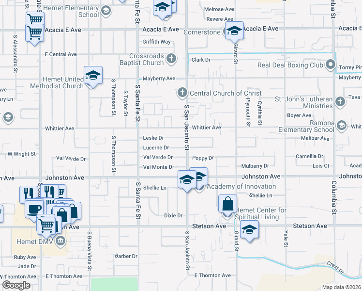map of restaurants, bars, coffee shops, grocery stores, and more near 1253 Lucerne Drive in Hemet