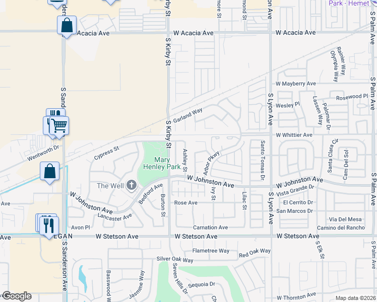 map of restaurants, bars, coffee shops, grocery stores, and more near 791 Sweetpea Street in Hemet