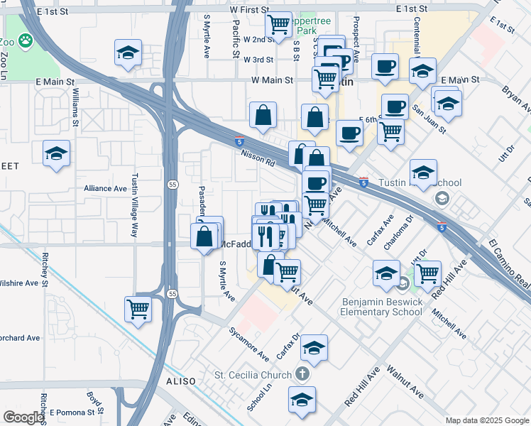 map of restaurants, bars, coffee shops, grocery stores, and more near 17273 Ebel Road in Tustin