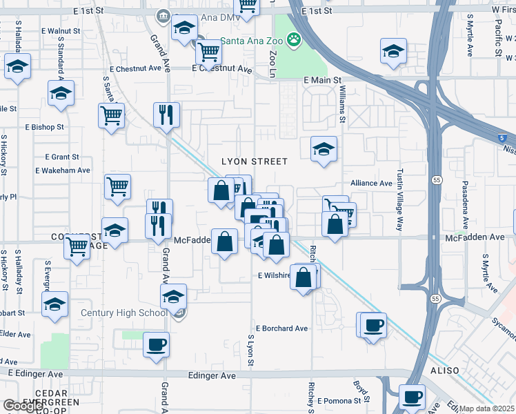 map of restaurants, bars, coffee shops, grocery stores, and more near 1706 Normandy Place in Santa Ana