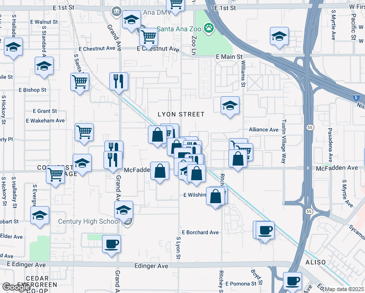 map of restaurants, bars, coffee shops, grocery stores, and more near 1706 Normandy Place in Santa Ana