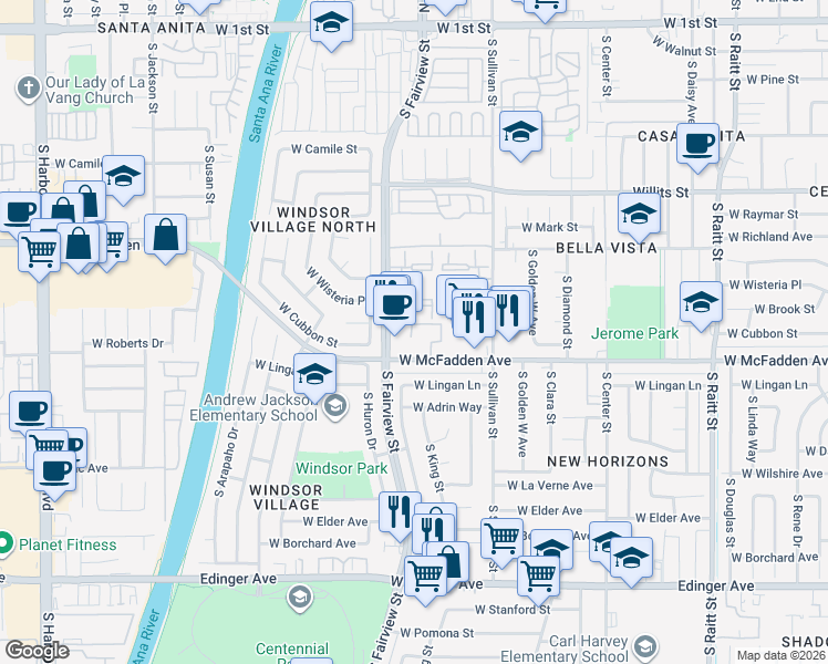 map of restaurants, bars, coffee shops, grocery stores, and more near 2745 West McFadden Avenue in Santa Ana