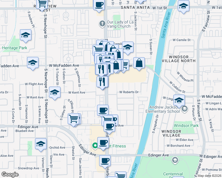 map of restaurants, bars, coffee shops, grocery stores, and more near 905 South Harbor Boulevard in Santa Ana