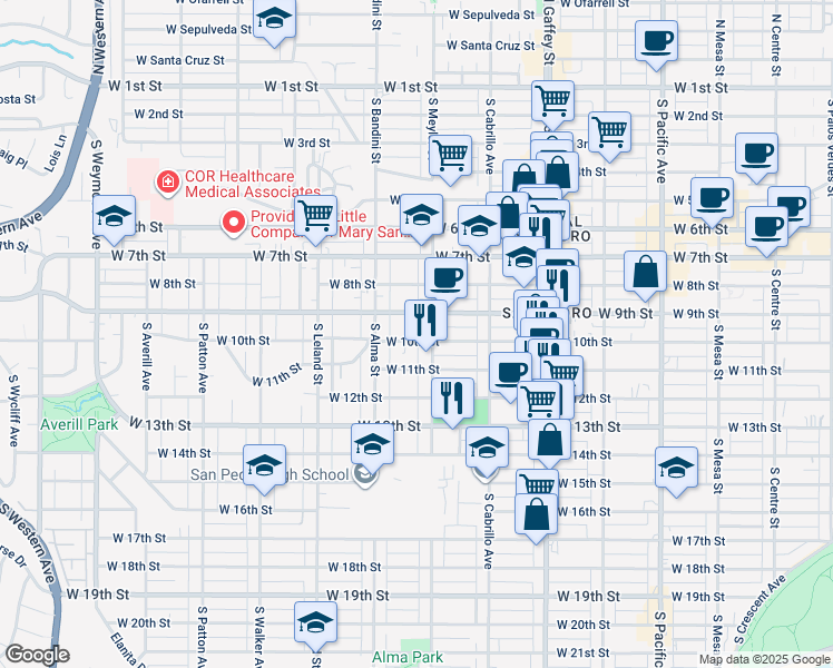 map of restaurants, bars, coffee shops, grocery stores, and more near 927 West 10th Street in Los Angeles