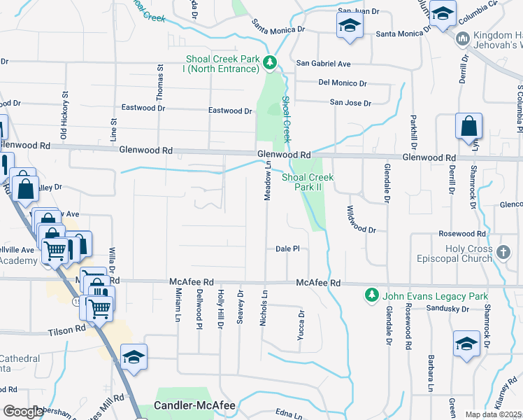 map of restaurants, bars, coffee shops, grocery stores, and more near 1903 Meadow Lane in Decatur