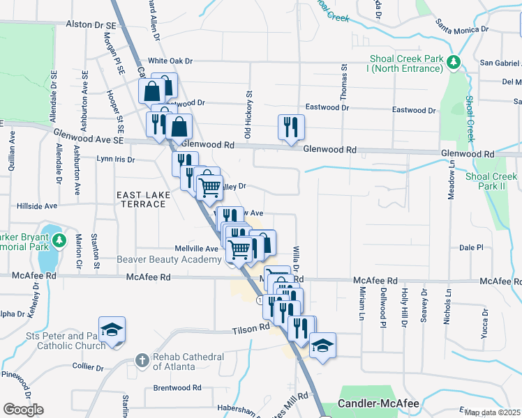map of restaurants, bars, coffee shops, grocery stores, and more near 2628 Northview Avenue in Decatur