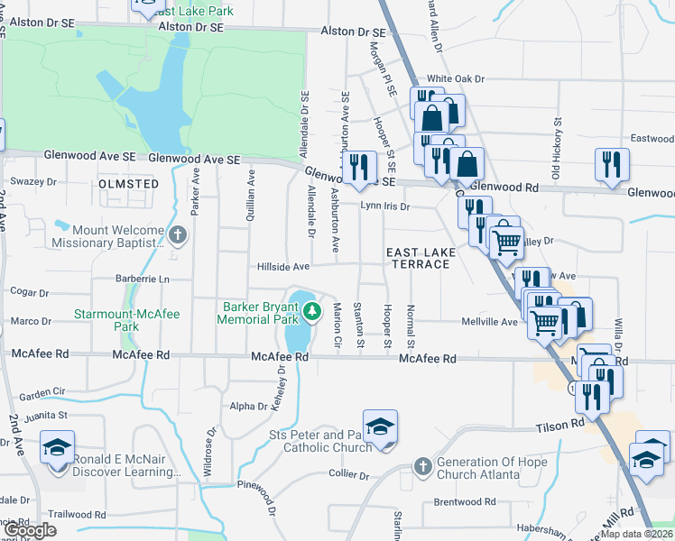 map of restaurants, bars, coffee shops, grocery stores, and more near 2338 Marion Circle in Decatur