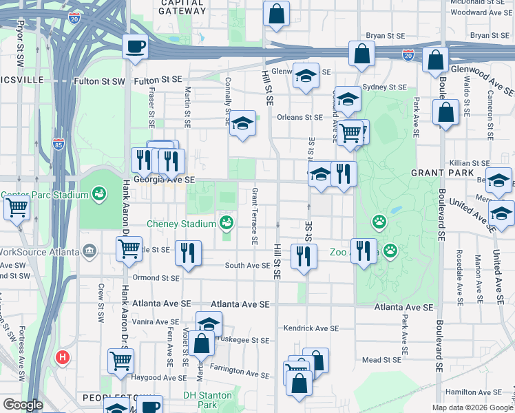 map of restaurants, bars, coffee shops, grocery stores, and more near 717 Woodson Street Southeast in Atlanta