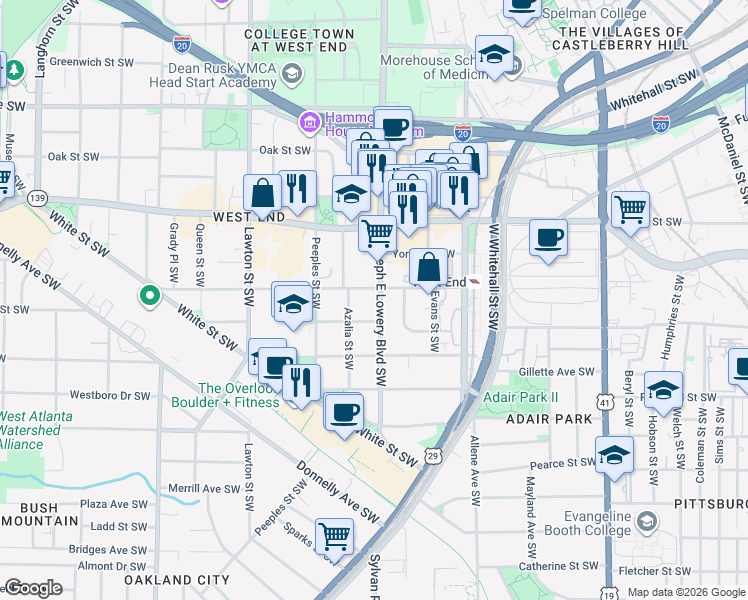 map of restaurants, bars, coffee shops, grocery stores, and more near 933 Mathews Street Southwest in Atlanta