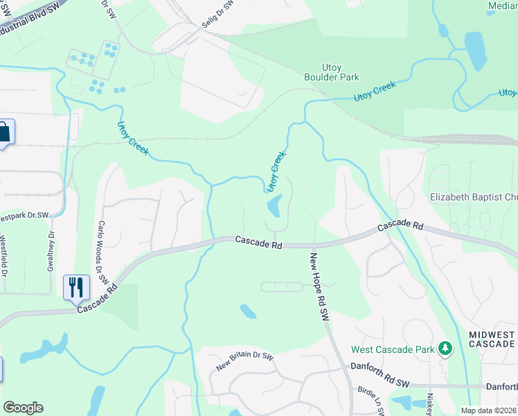 map of restaurants, bars, coffee shops, grocery stores, and more near 525 Carondelett Cove Southwest in Atlanta