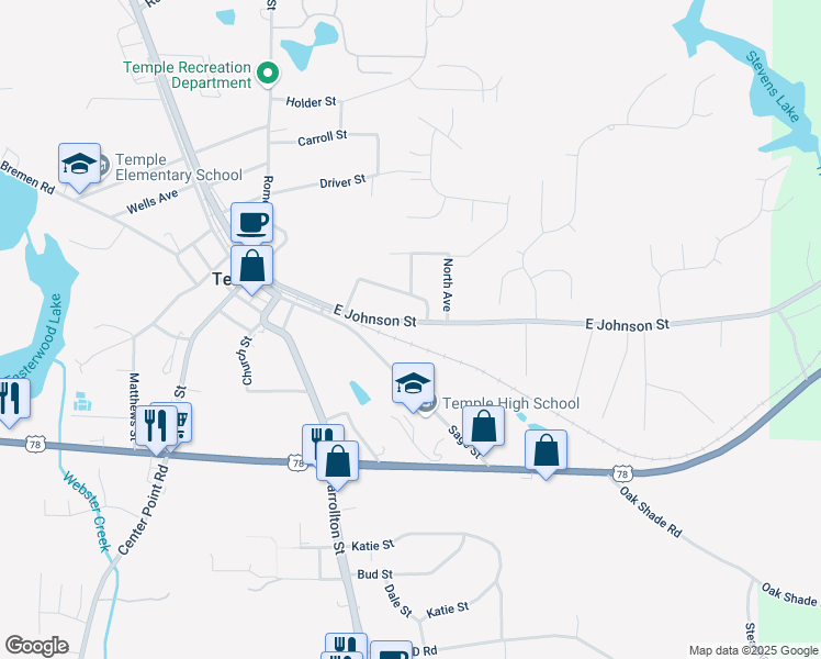 map of restaurants, bars, coffee shops, grocery stores, and more near 189 East Johnson Street in Temple