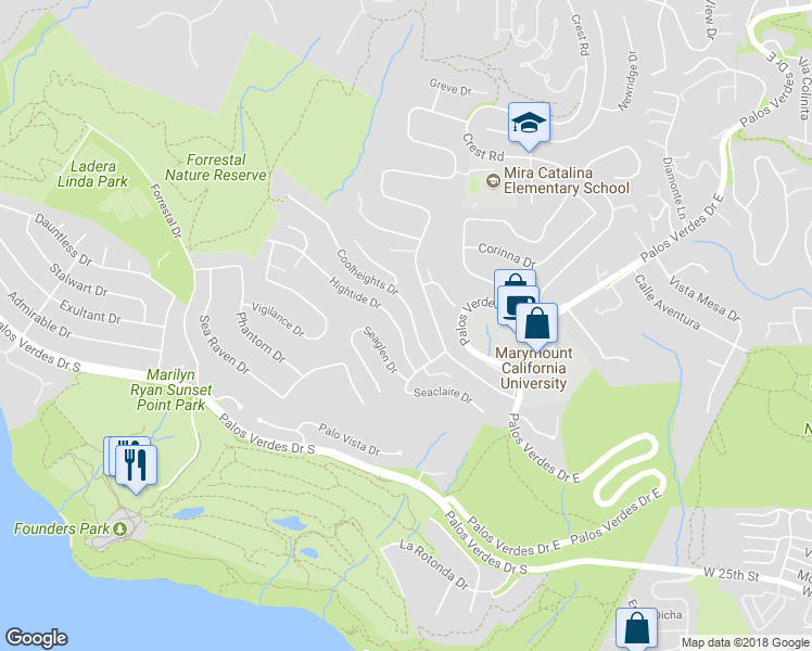 map of restaurants, bars, coffee shops, grocery stores, and more near 3448 Coolheights Drive in Rancho Palos Verdes