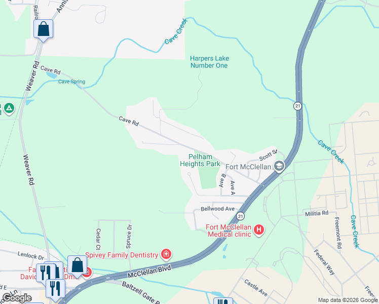 map of restaurants, bars, coffee shops, grocery stores, and more near 383 Cave Road in Anniston