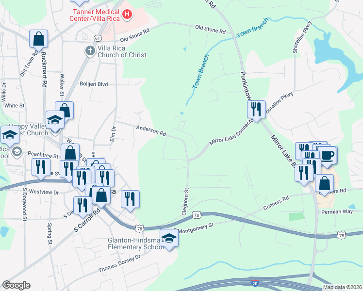 map of restaurants, bars, coffee shops, grocery stores, and more near 312 Cleghorn Street in Villa Rica