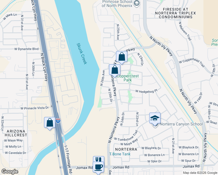 map of restaurants, bars, coffee shops, grocery stores, and more near North 25th Drive in Phoenix