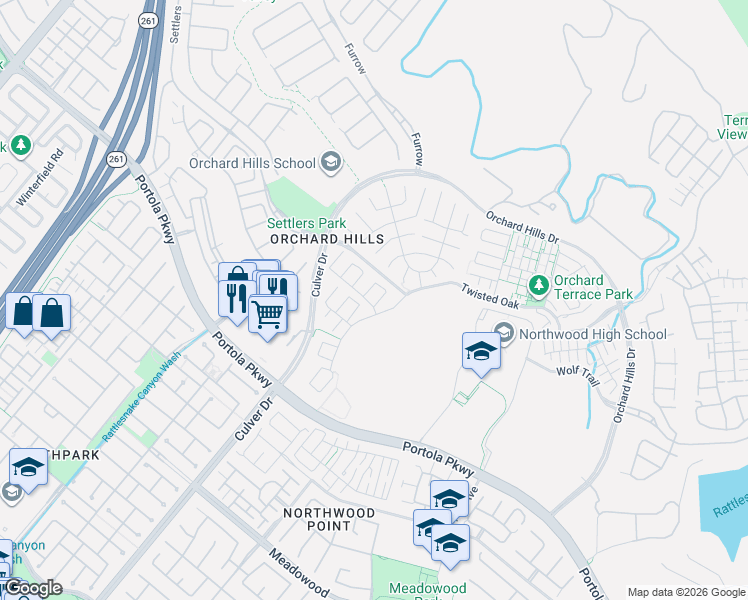 map of restaurants, bars, coffee shops, grocery stores, and more near 51 Painted Sky in Irvine