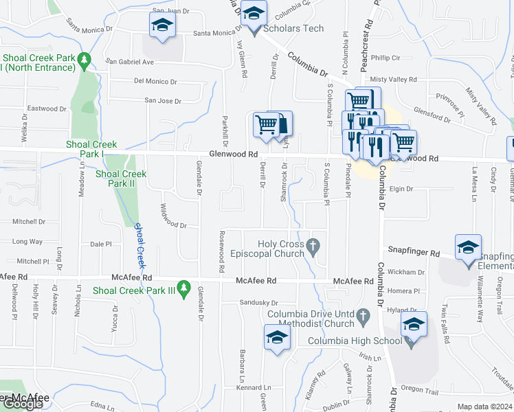 map of restaurants, bars, coffee shops, grocery stores, and more near 1897 Derrill Drive in Decatur