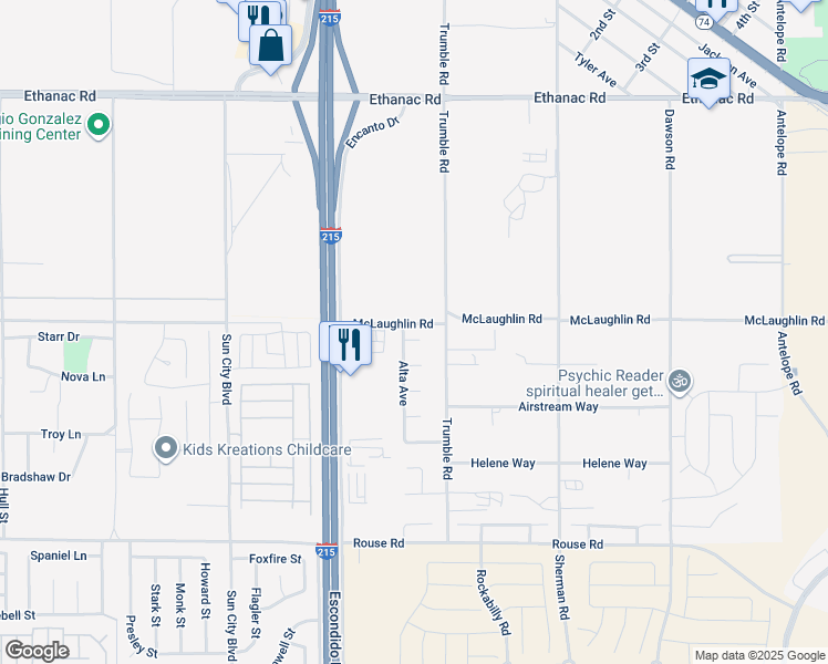 map of restaurants, bars, coffee shops, grocery stores, and more near 27166 White Court in Romoland