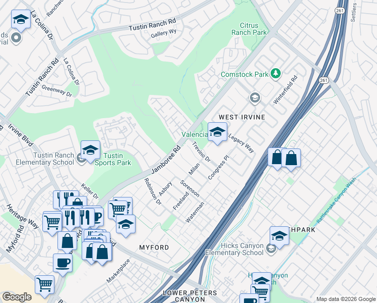 map of restaurants, bars, coffee shops, grocery stores, and more near 10 Calais in Irvine