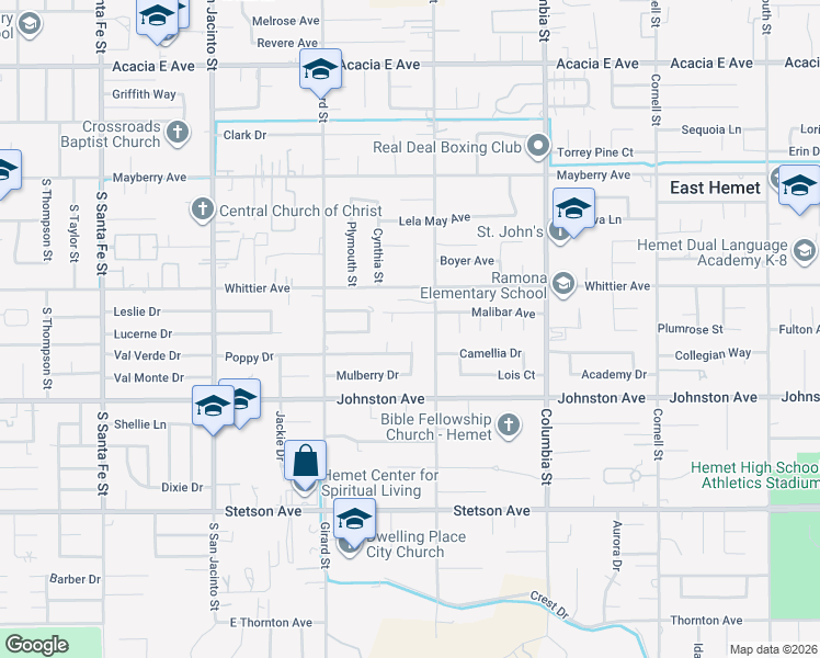 map of restaurants, bars, coffee shops, grocery stores, and more near 40691 Malibar Avenue in Hemet
