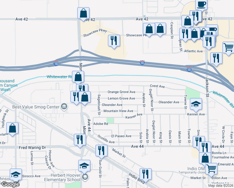 map of restaurants, bars, coffee shops, grocery stores, and more near 82278 Lemon Grove Avenue in Indio