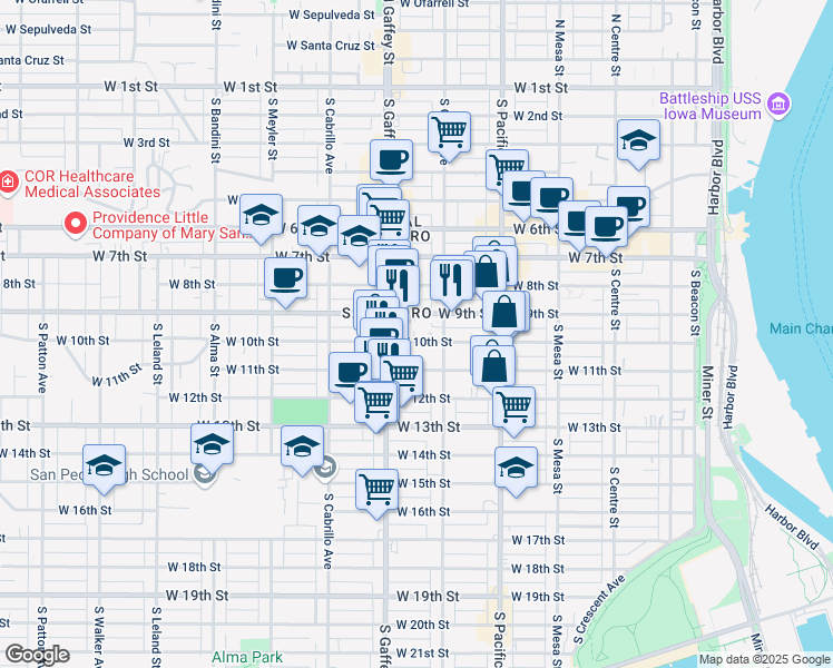map of restaurants, bars, coffee shops, grocery stores, and more near 663 West 10th Street in Los Angeles