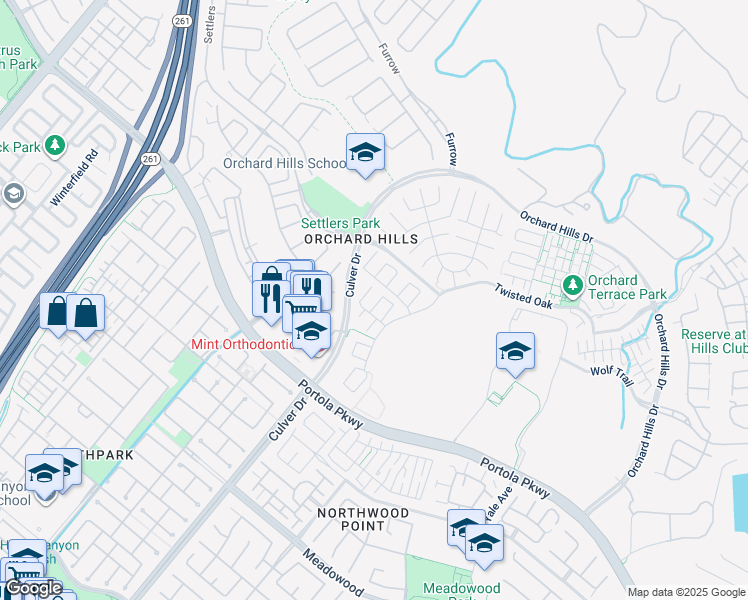 map of restaurants, bars, coffee shops, grocery stores, and more near 57 Bronco in Irvine