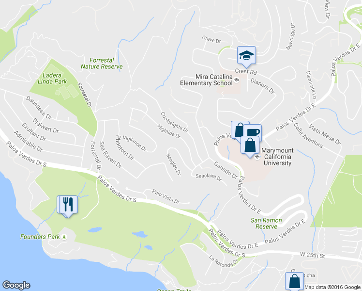 map of restaurants, bars, coffee shops, grocery stores, and more near 3504 Hightide Drive in Rancho Palos Verdes