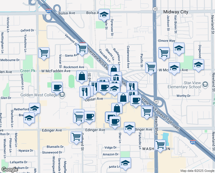 map of restaurants, bars, coffee shops, grocery stores, and more near 15555 Huntington Village Lane in Huntington Beach