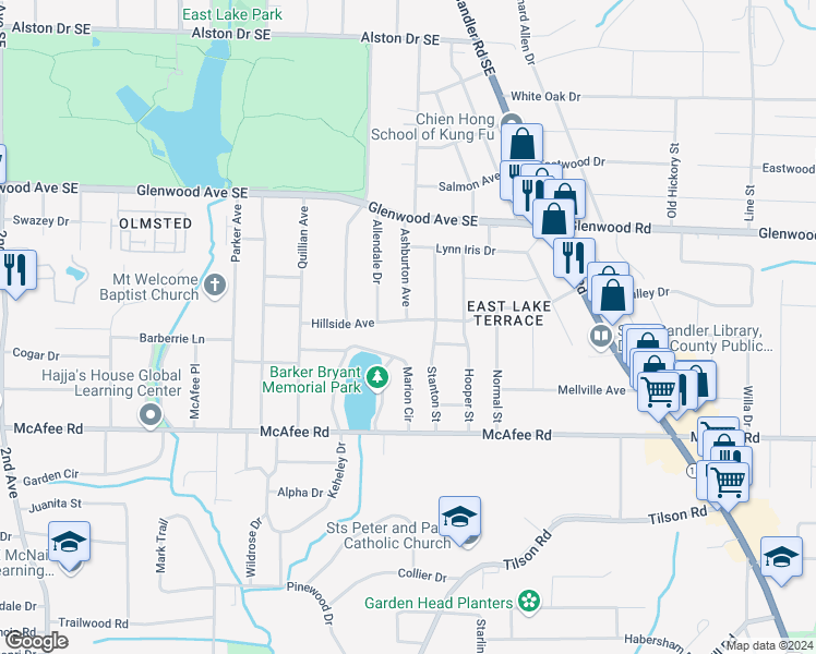 map of restaurants, bars, coffee shops, grocery stores, and more near 2355 Hillside Avenue in Decatur