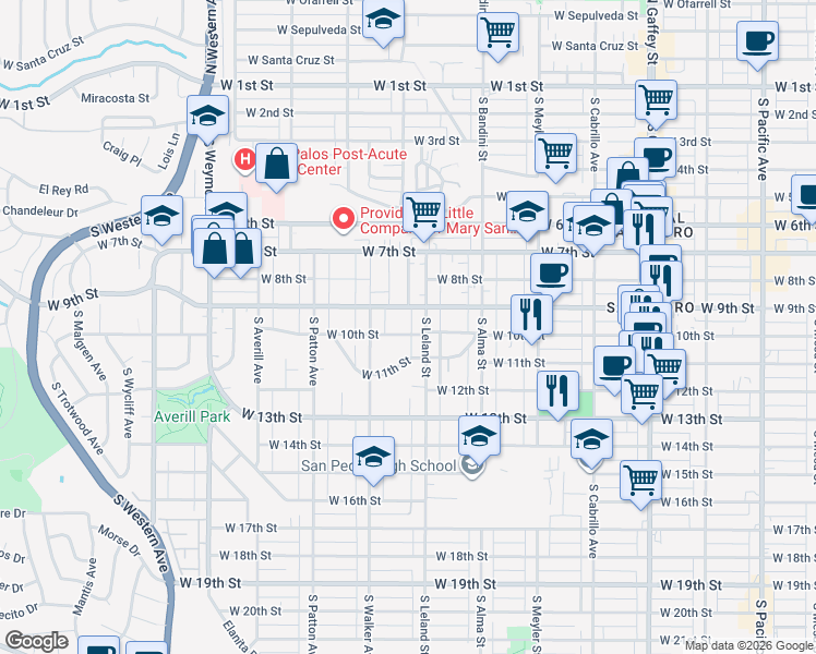 map of restaurants, bars, coffee shops, grocery stores, and more near 1122 West 10th Street in Los Angeles