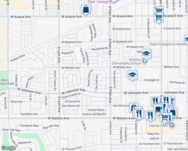 map of restaurants, bars, coffee shops, grocery stores, and more near 250 San Carlos Drive in Hemet