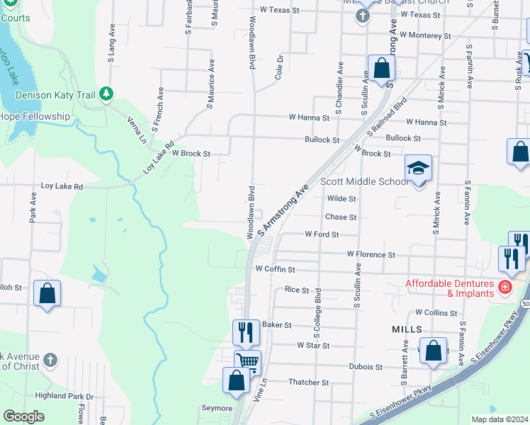 map of restaurants, bars, coffee shops, grocery stores, and more near 1220 Kawahee Lane in Denison