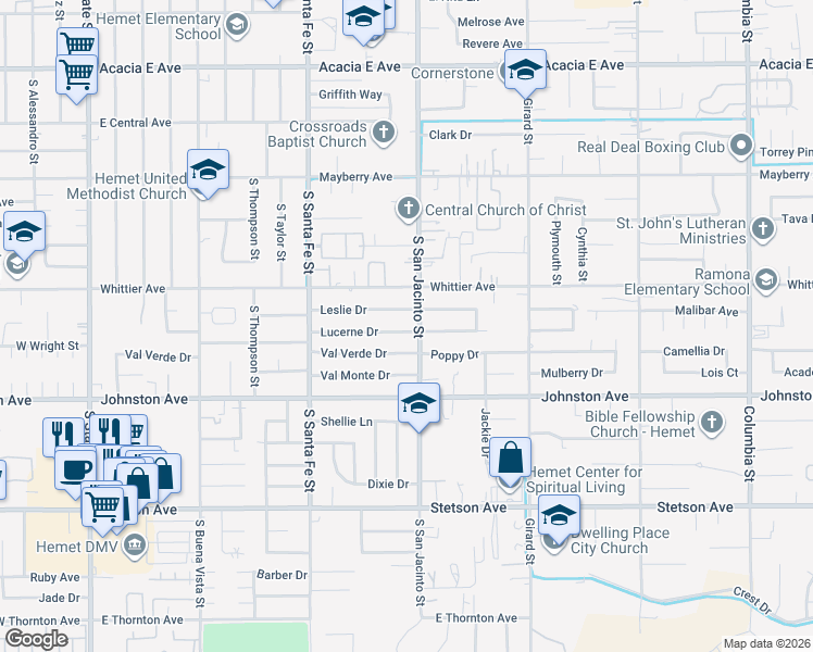 map of restaurants, bars, coffee shops, grocery stores, and more near 733 South San Jacinto Street in Hemet