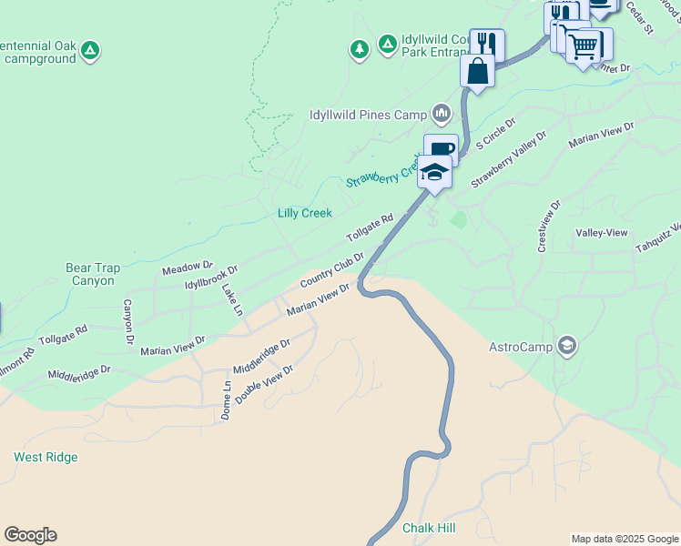 map of restaurants, bars, coffee shops, grocery stores, and more near 53705 Country Club Drive in Idyllwild-Pine Cove