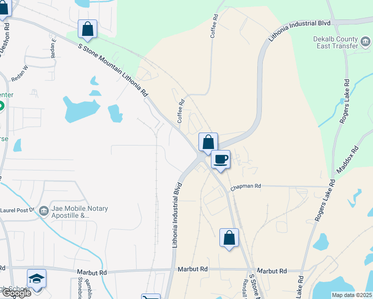 map of restaurants, bars, coffee shops, grocery stores, and more near 2395 South Stone Mountain Lithonia Road in Lithonia
