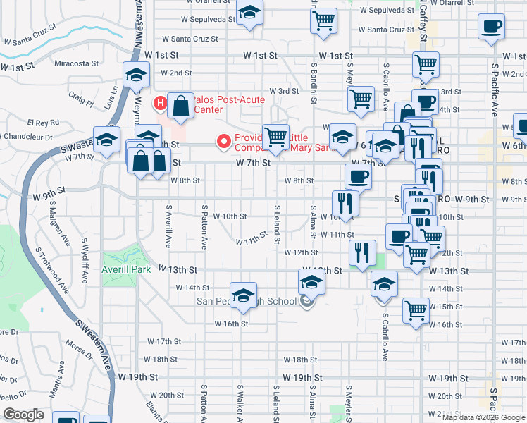 map of restaurants, bars, coffee shops, grocery stores, and more near 1135 West 10th Street in Los Angeles
