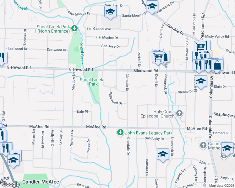 map of restaurants, bars, coffee shops, grocery stores, and more near 1910 Wildwood Drive in Decatur